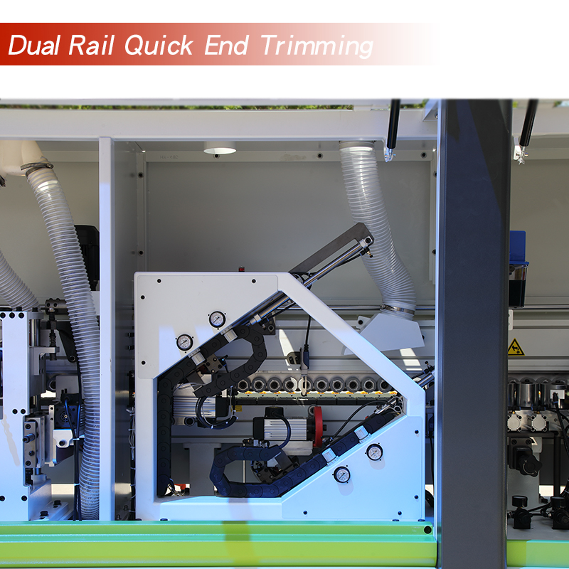 Optional configuration of edge banding machine: 4-motors Corner Trimming/ Dual Rail Quick End Trimming